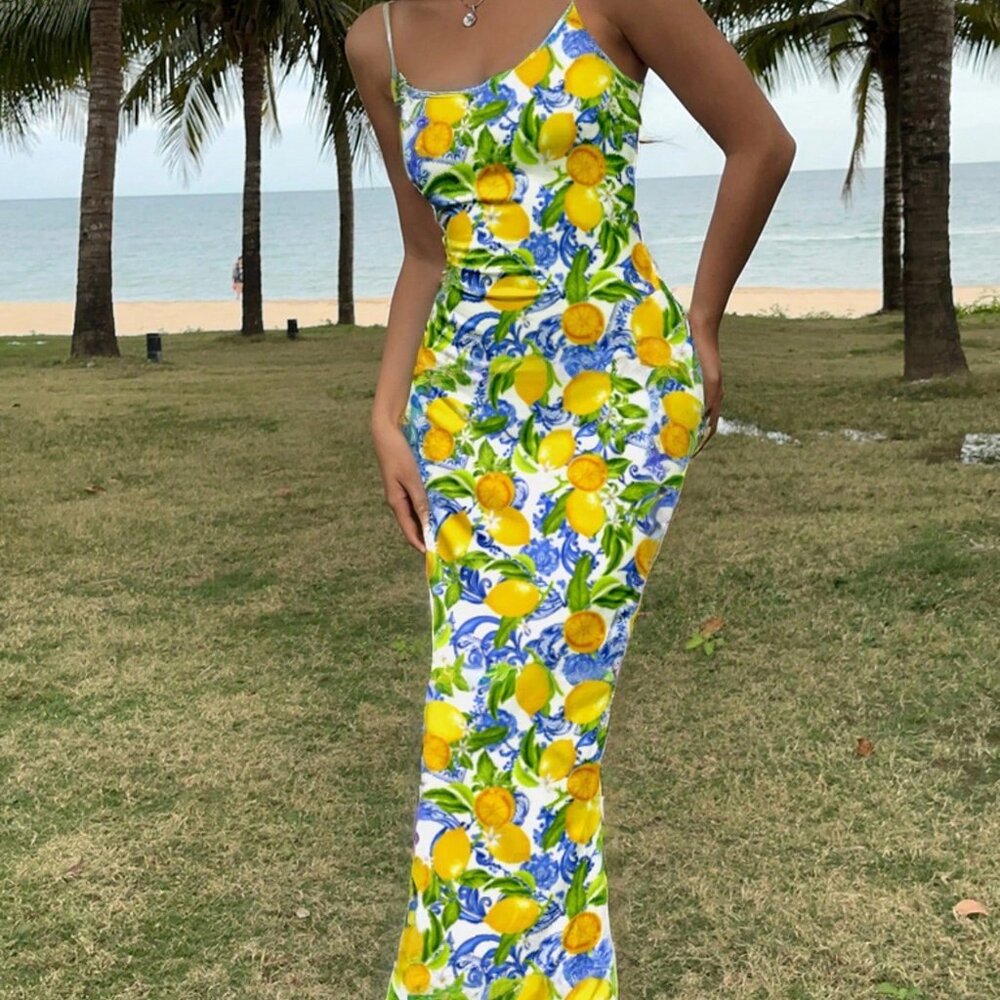Multicolor Boho Women's Lemon Fruit Print Slim Fit Spaghetti Strap Long Dress